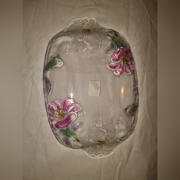 Vintage Crystal Clear Studio Nova 15in Platter STAR GAZER LILLIES  Hand Painted - Picture 2 of 3